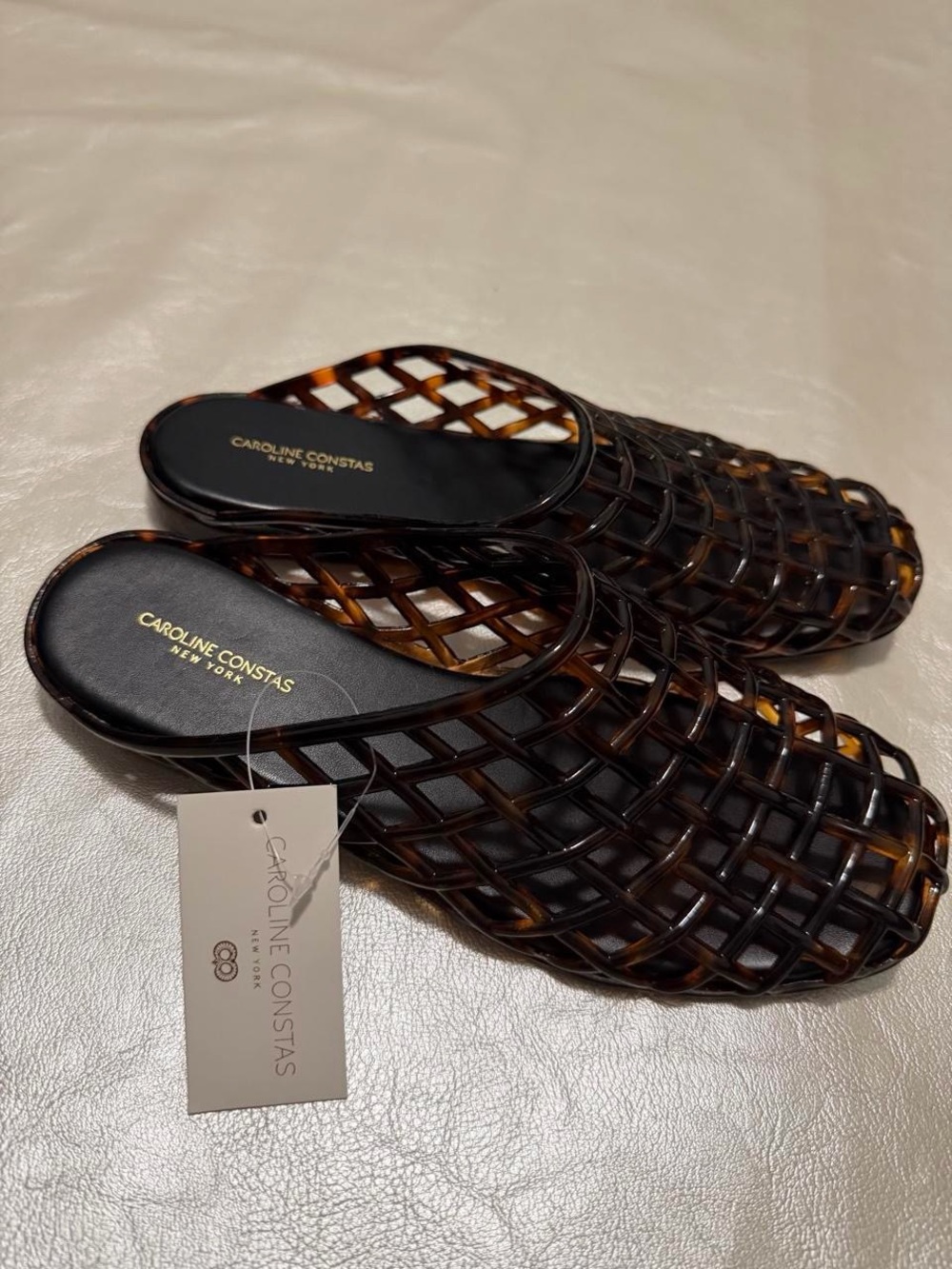 Caroline Constas Woven Tortoiseshell Slide Flats in Brown/Black
